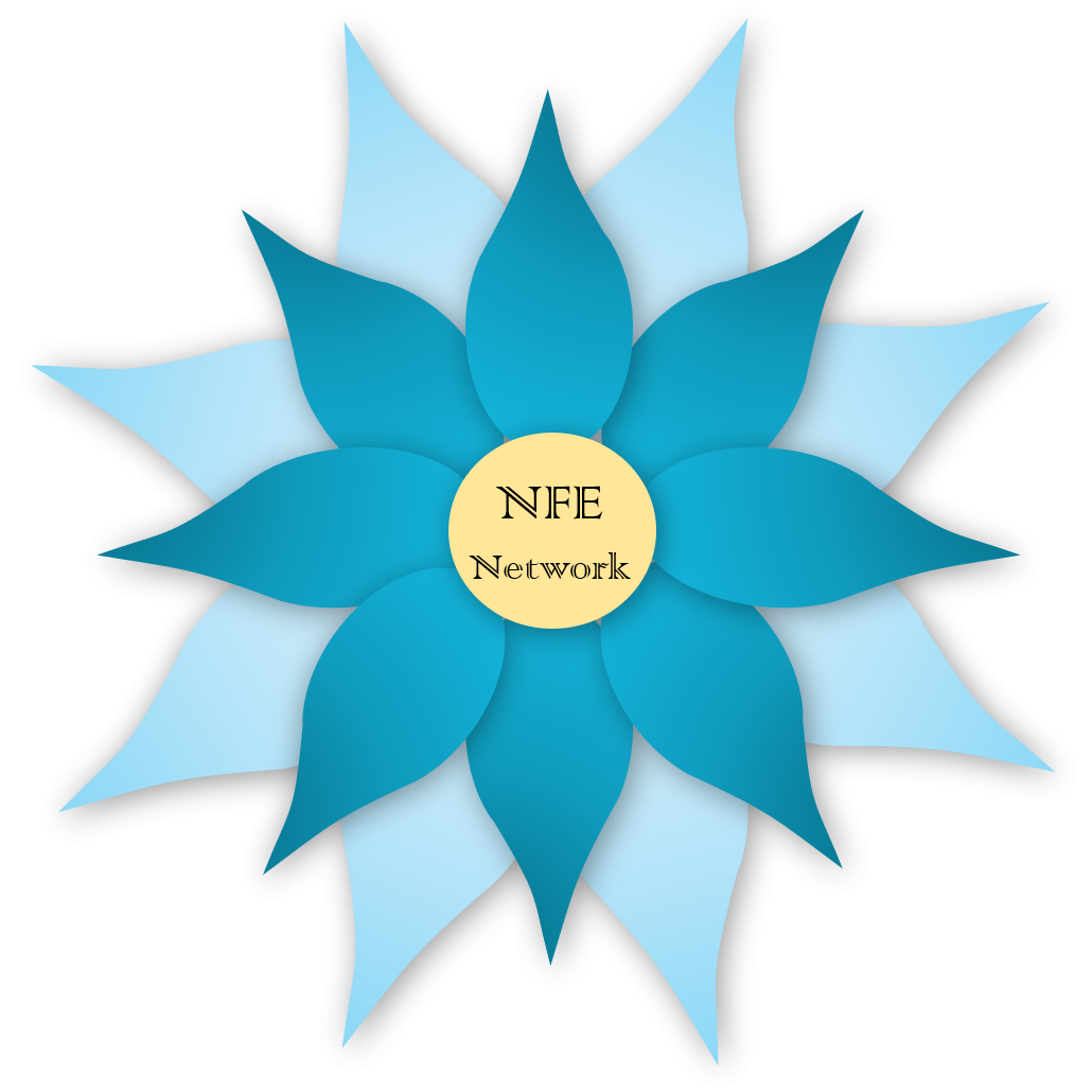 layered turquise flower with NFE Network in a yellow circle in the middle